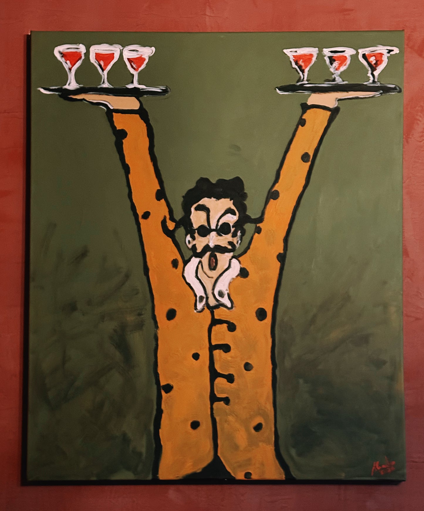 Artistic depiction of a man with a mustache holding two trays with glasses on a green background.
