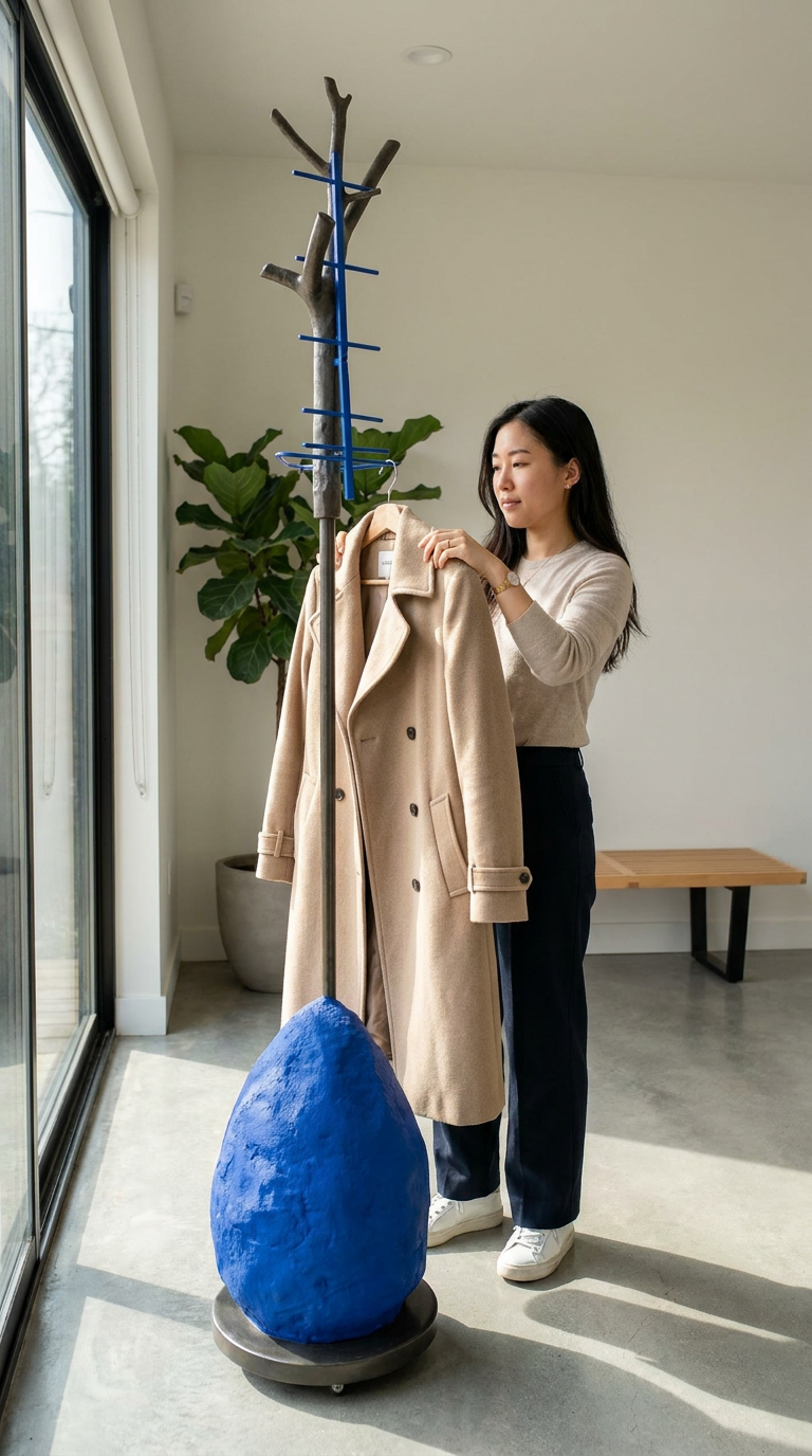 Woman holding a beige coat next to a blue sculpture in a modern interior setting