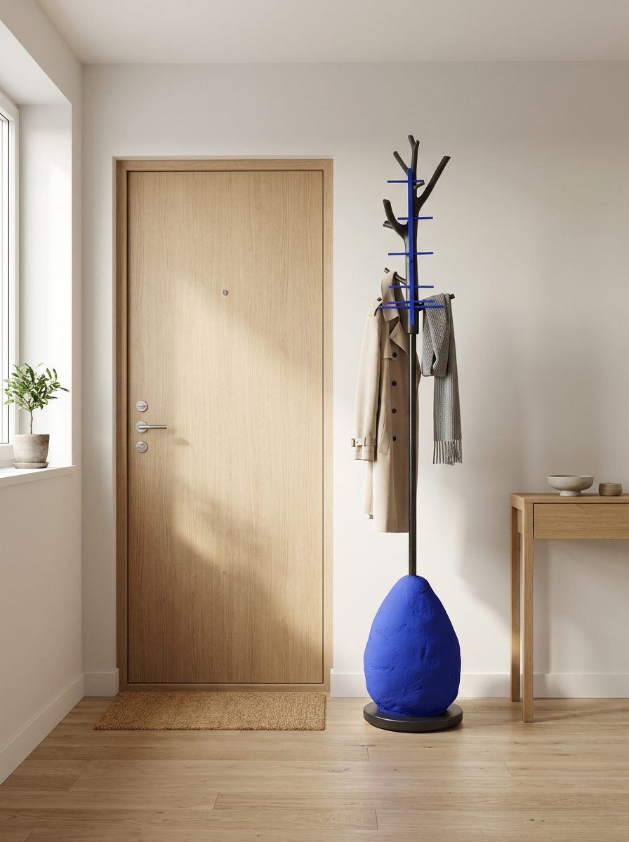 Modern coat rack with blue base in a room with wooden door and table.