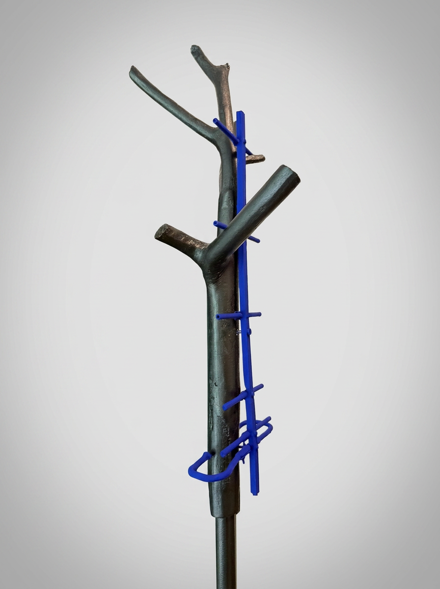 Artistic depiction of a branch with blue ribbons on a gray background