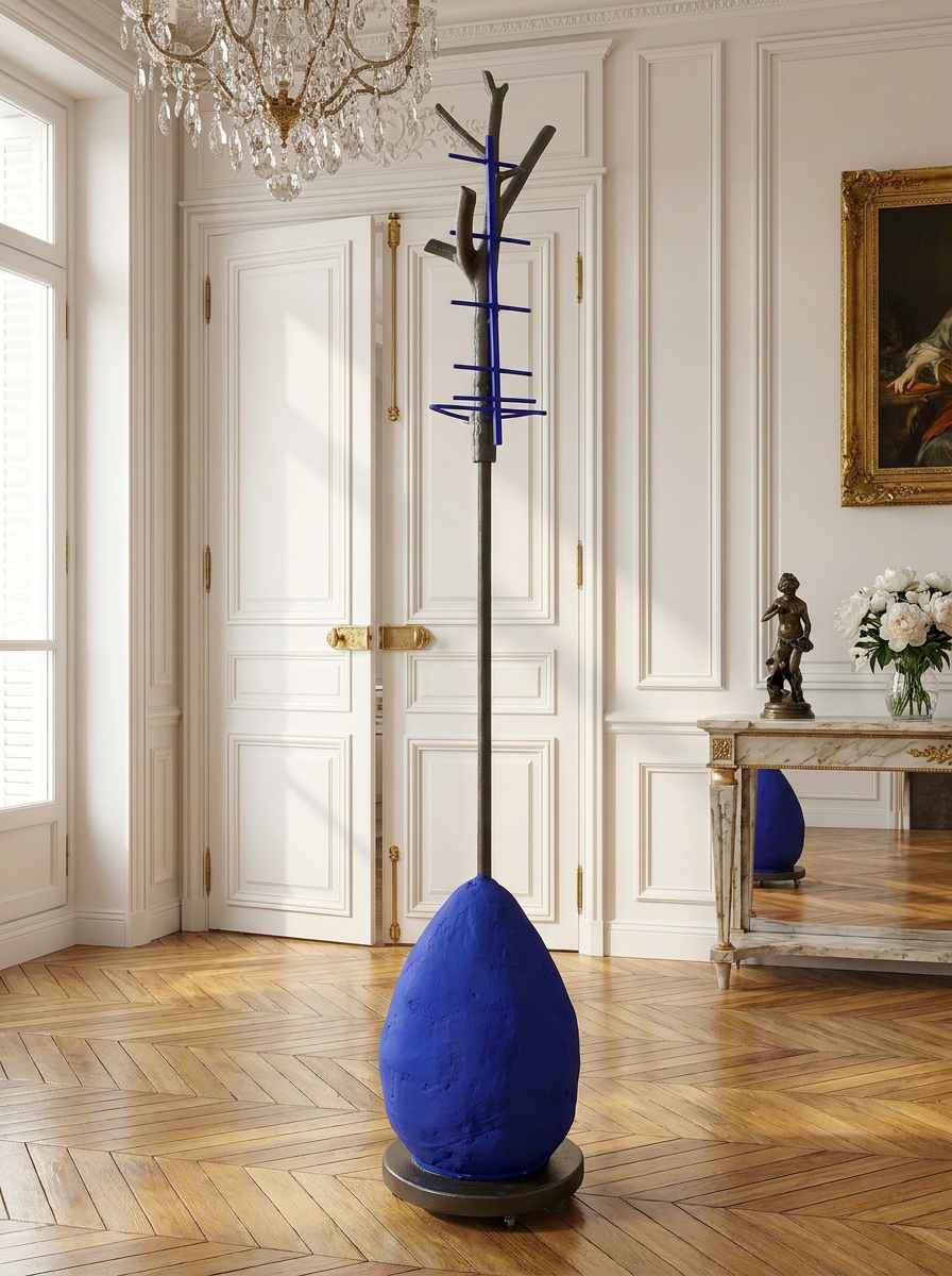 Blue sculpture in a luxurious room with white walls, wooden floor, and decorative elements.