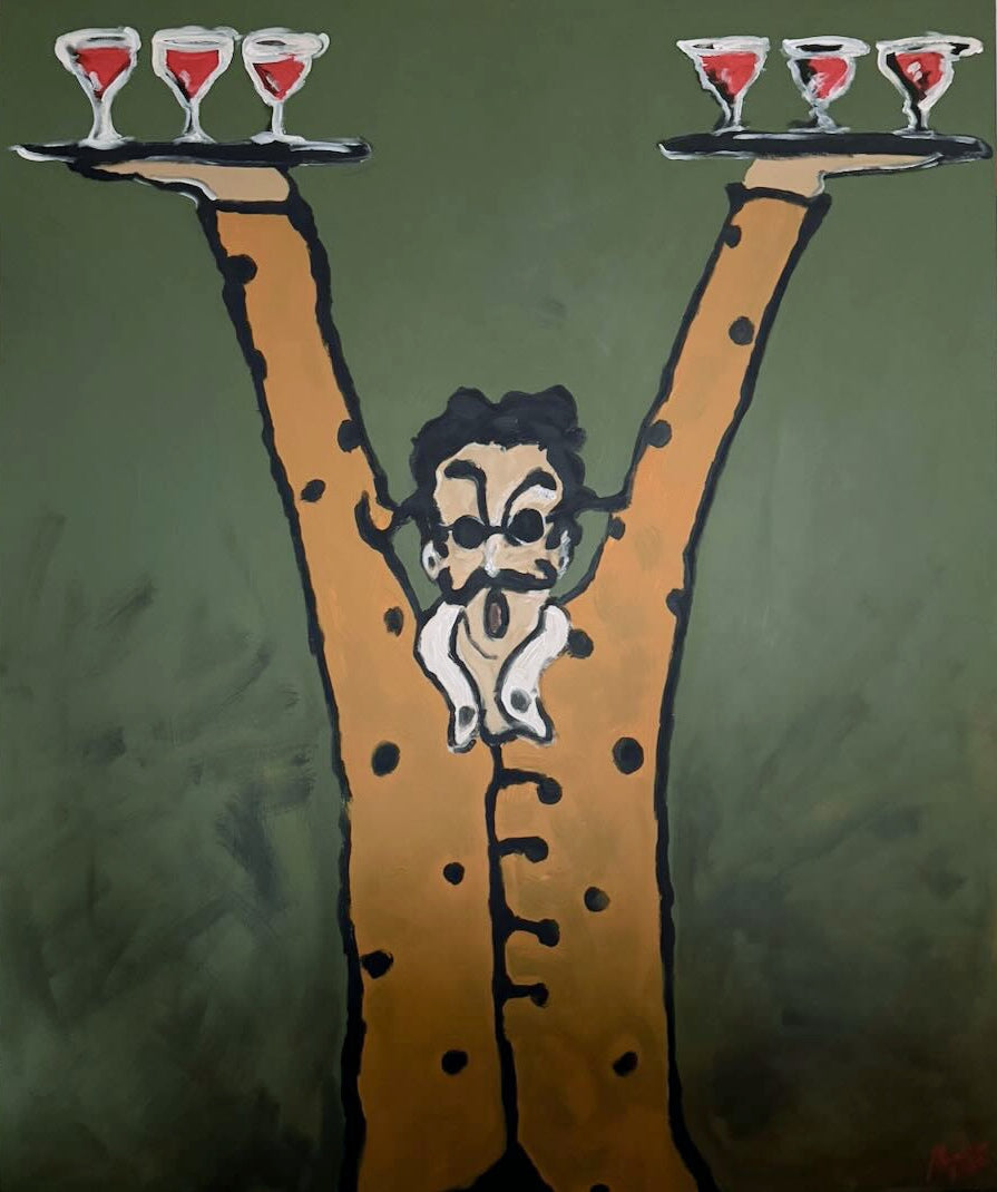 Artistic depiction of a person with outstretched arms holding two trays with glasses on a green background