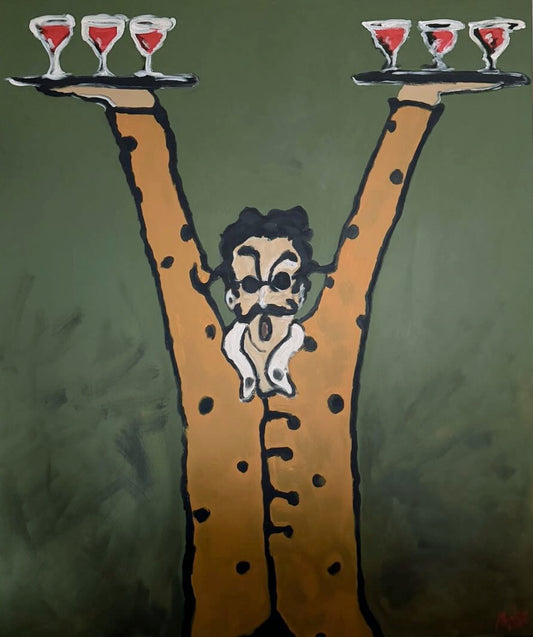 Artistic depiction of a person with outstretched arms holding two trays with glasses on a green background