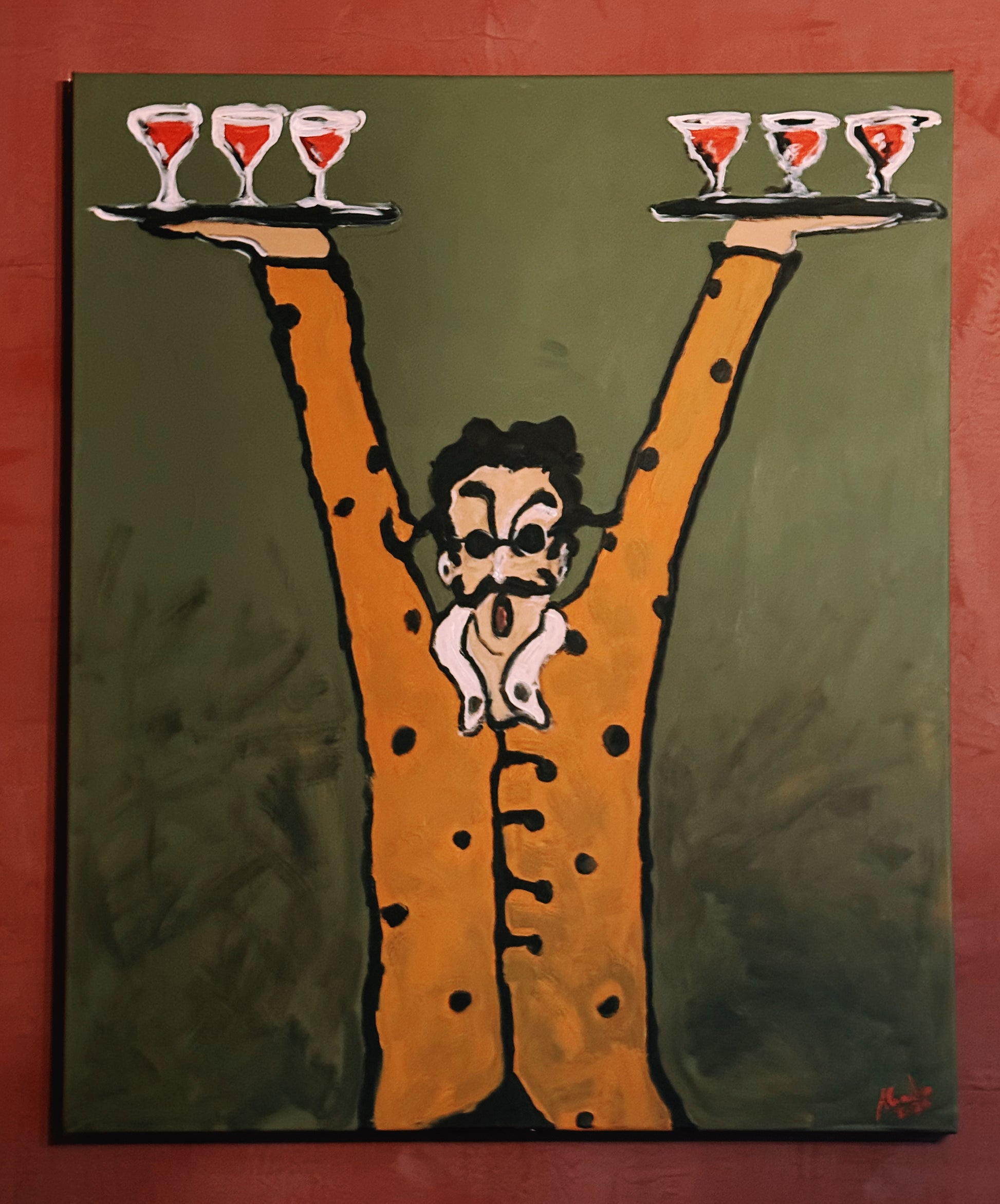 Artistic depiction of a man with a mustache holding two trays with glasses on a green background.