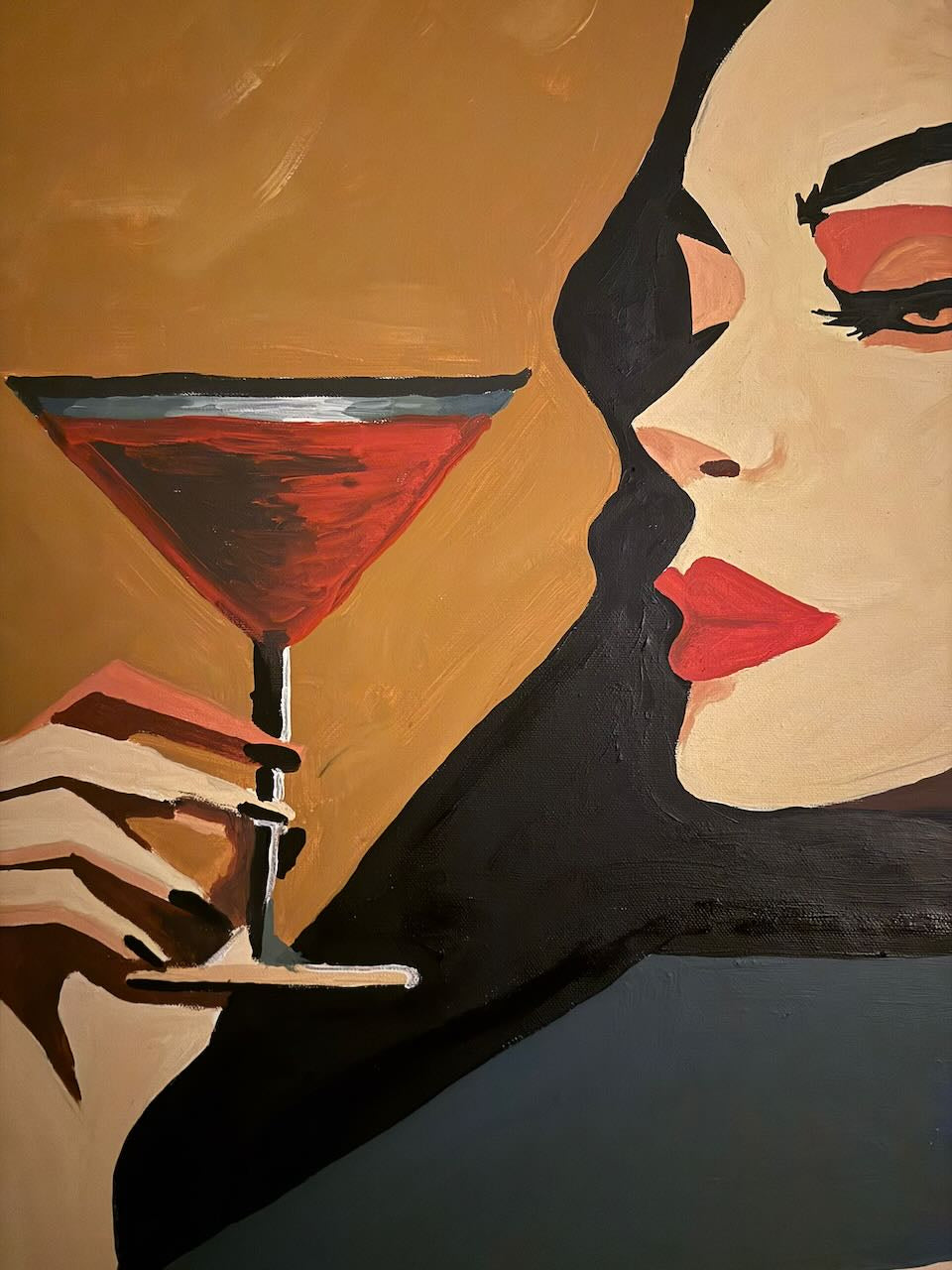 Artistic depiction of a woman's face with a cocktail, stylized with bold colors and abstract elements.
