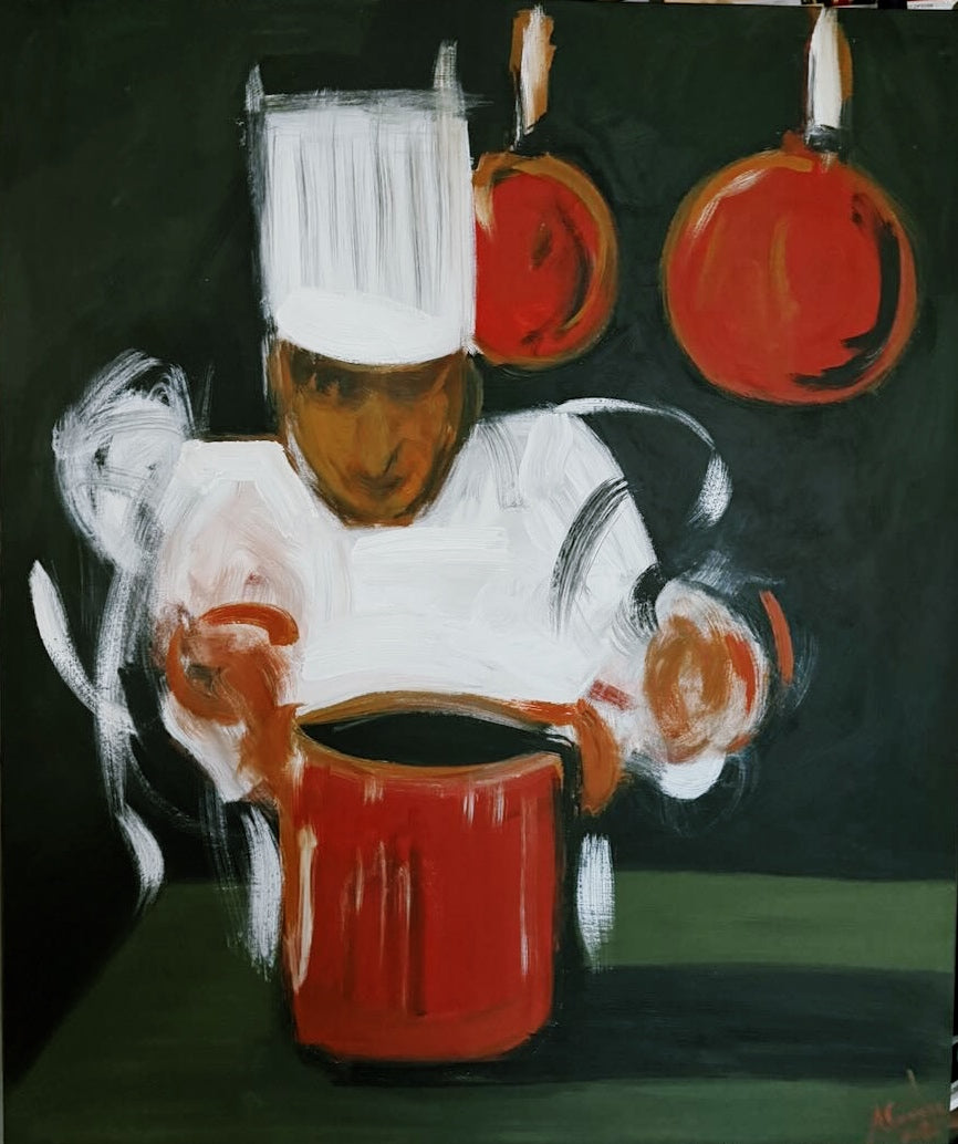 Painting of a chef with a red pot and hanging bowls on a dark background