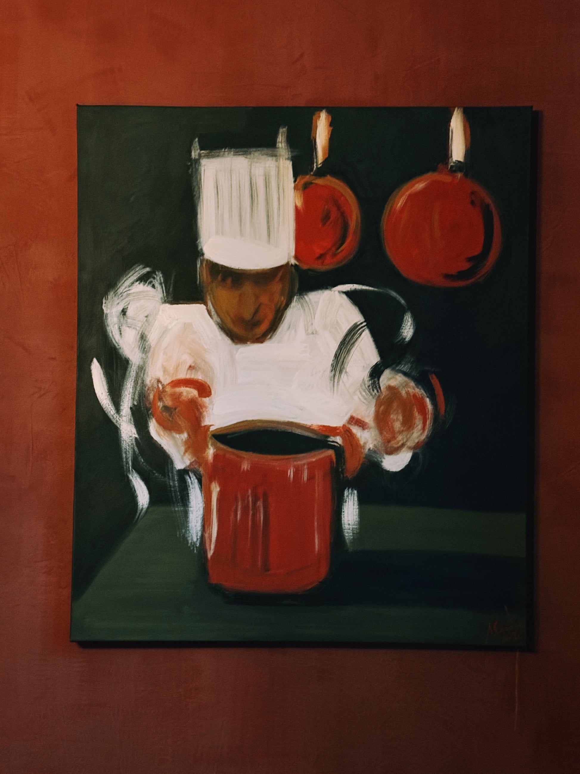 Painting of a chef with a large red pot on a dark background