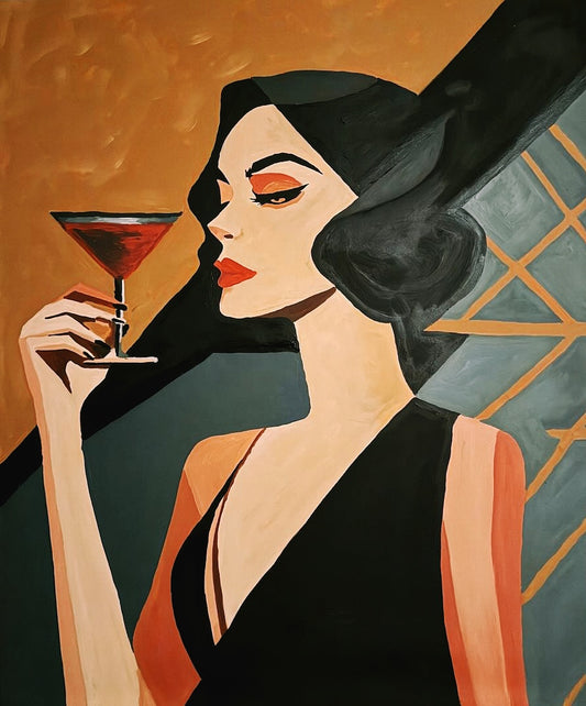 Artistic illustration of a woman holding a cocktail with a vintage background