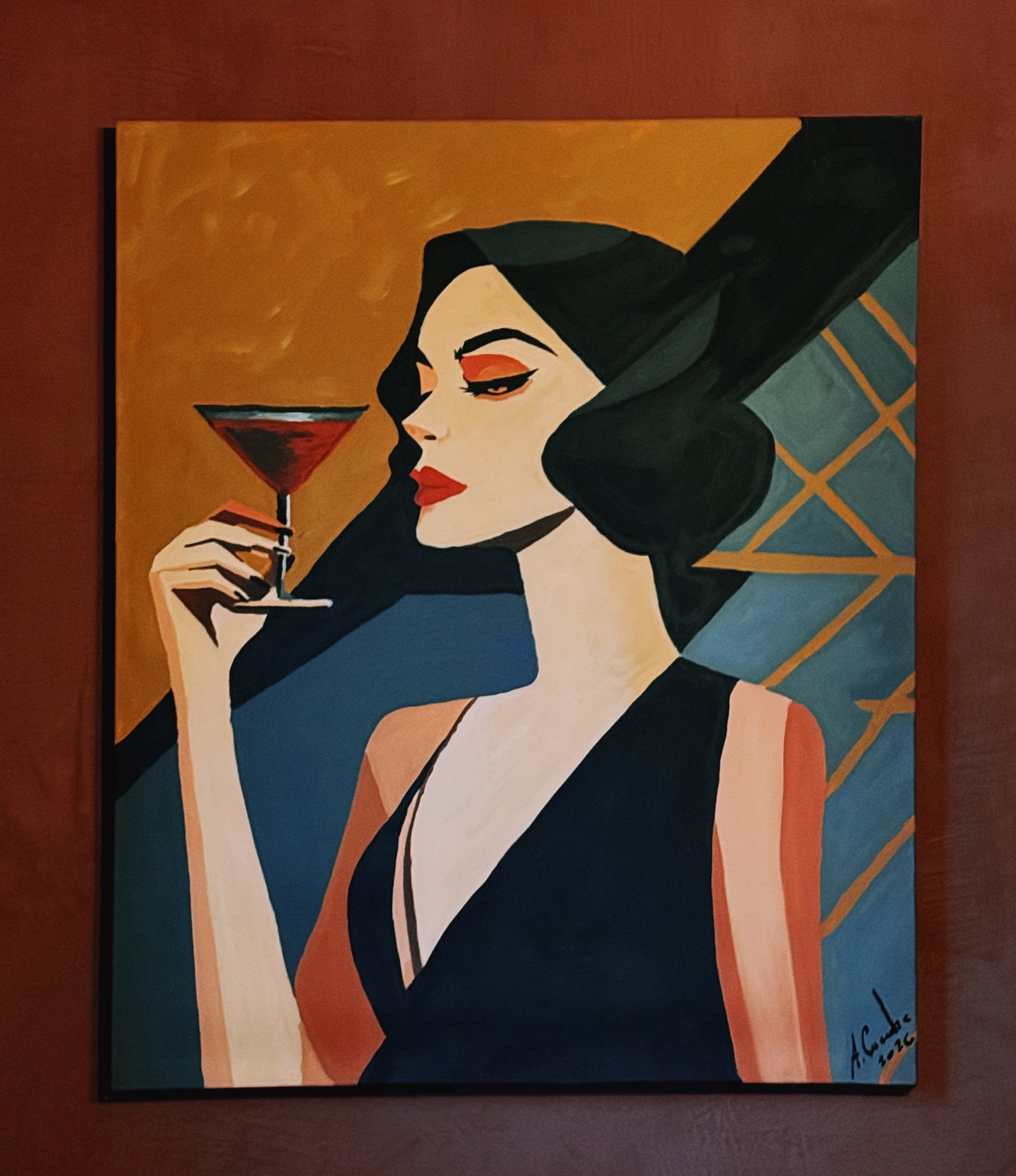 Artistic painting of a woman holding a cocktail against a geometric background