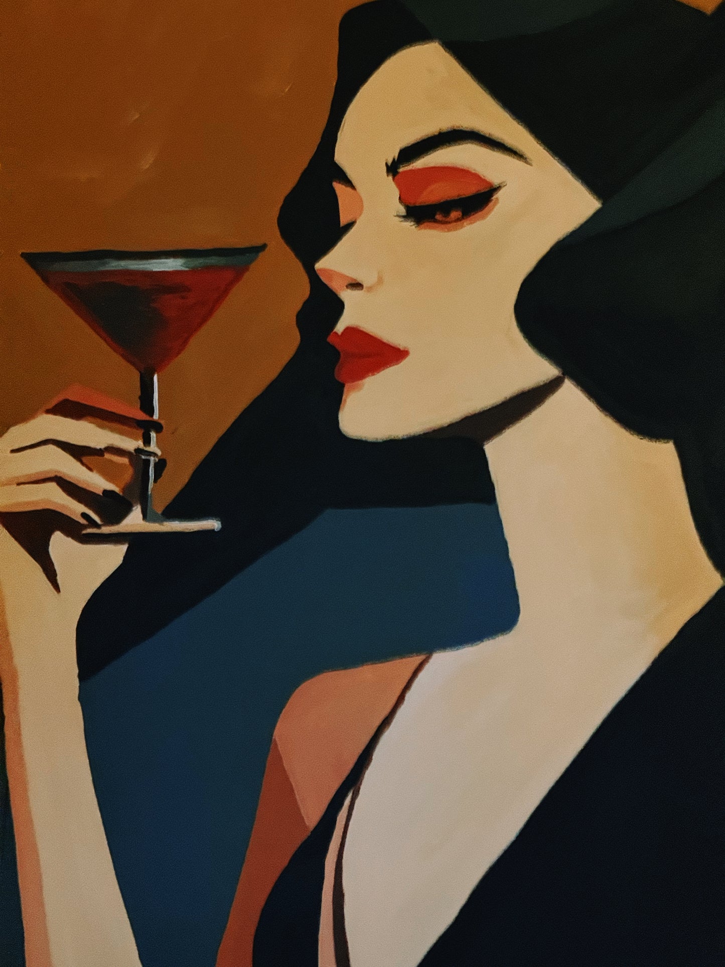 Artistic illustration of a woman holding a cocktail glass against a warm background