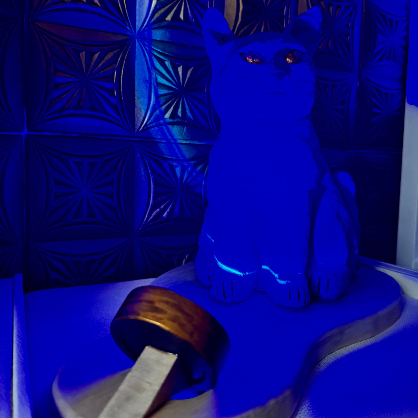 Blue cat-shaped object on a textured blue surface with a patterned blue background