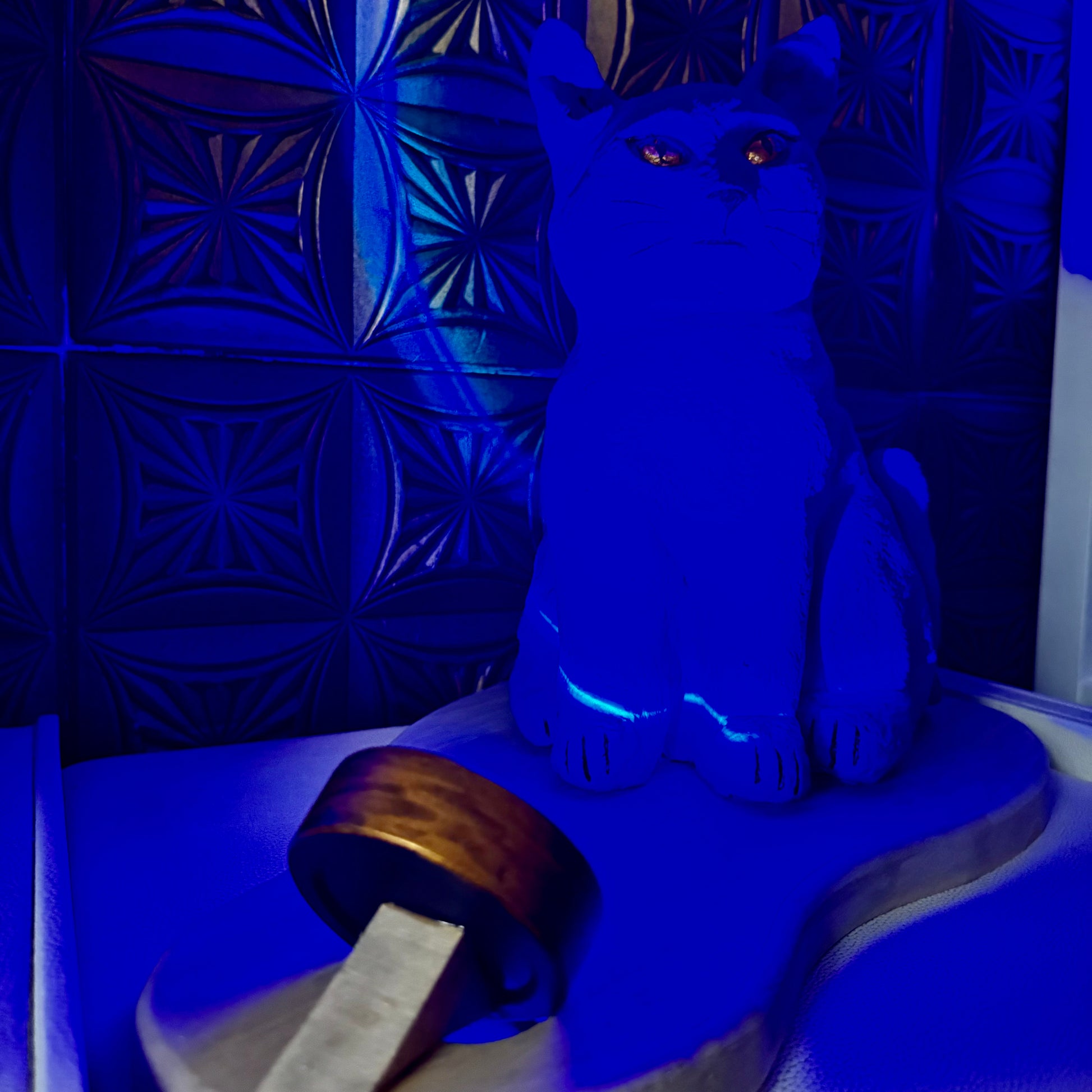 Blue cat-shaped object on a textured blue surface with a patterned blue background