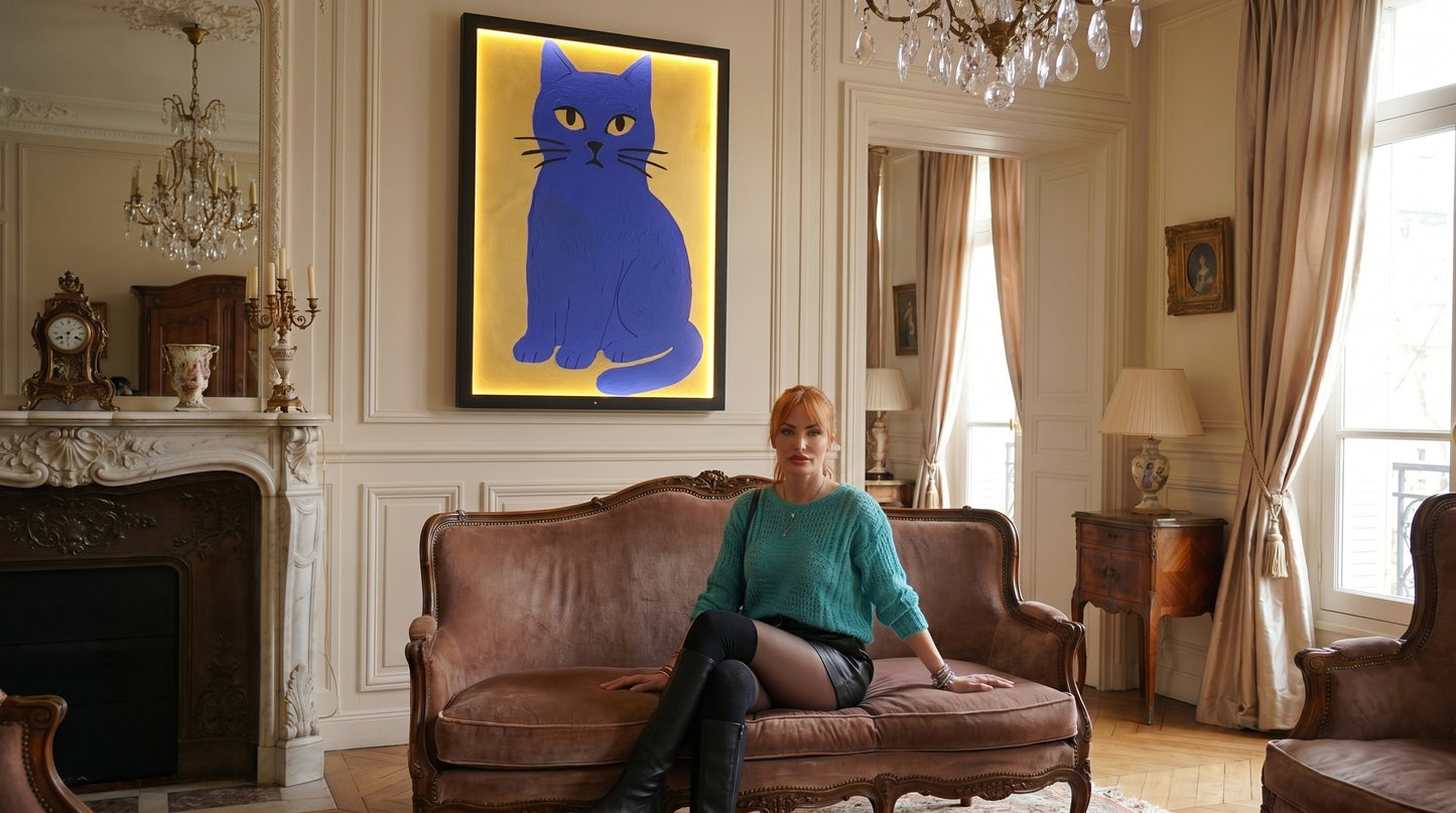 Woman sitting on a brown sofa in a stylish room with a large framed picture of a blue cat.