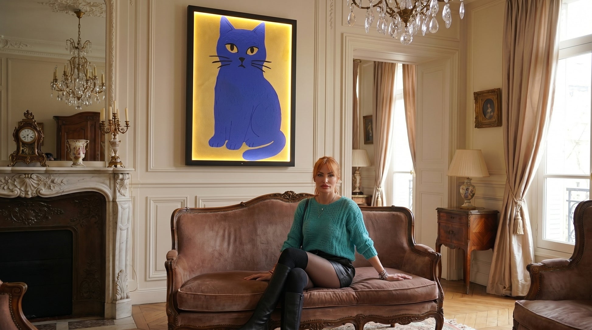 Woman sitting on a brown sofa in a stylish room with a large framed picture of a blue cat.