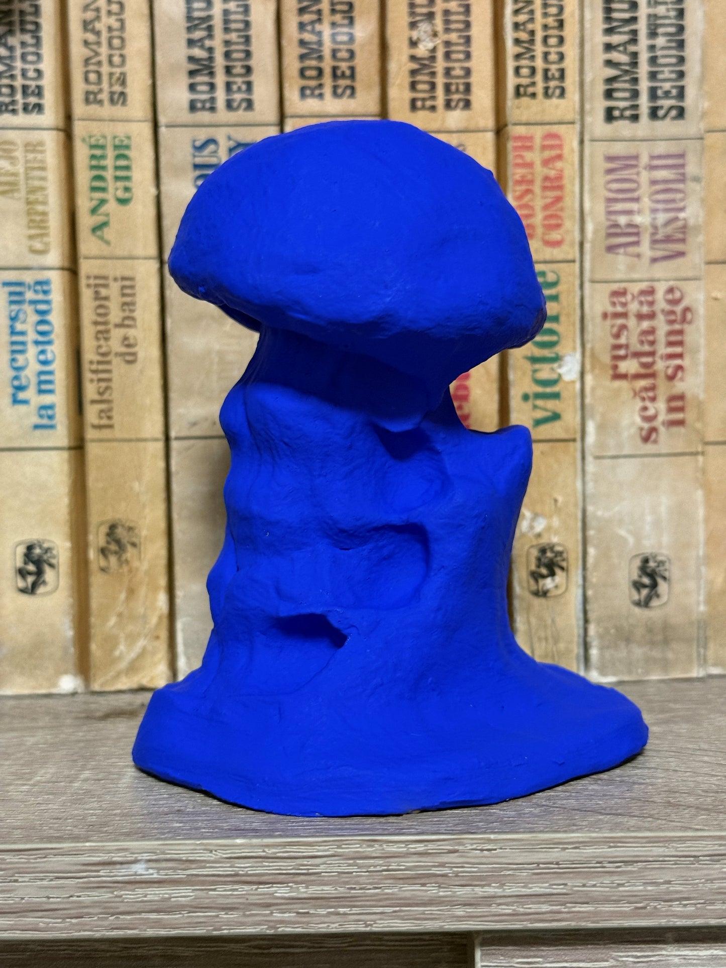 Blue mushroom-shaped object on a wooden surface with cardboard boxes in the background