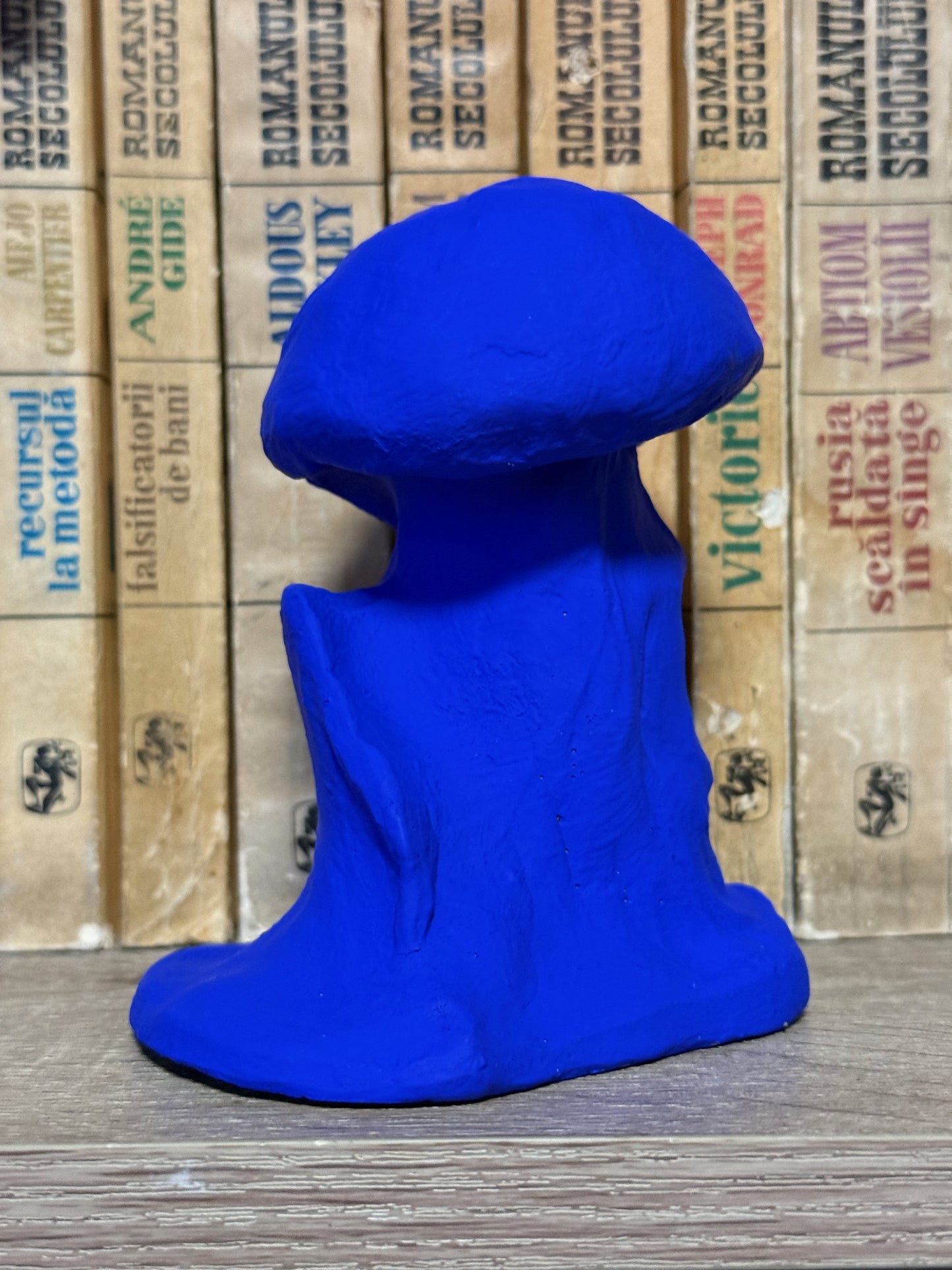 Blue mushroom-shaped object in front of stacked books