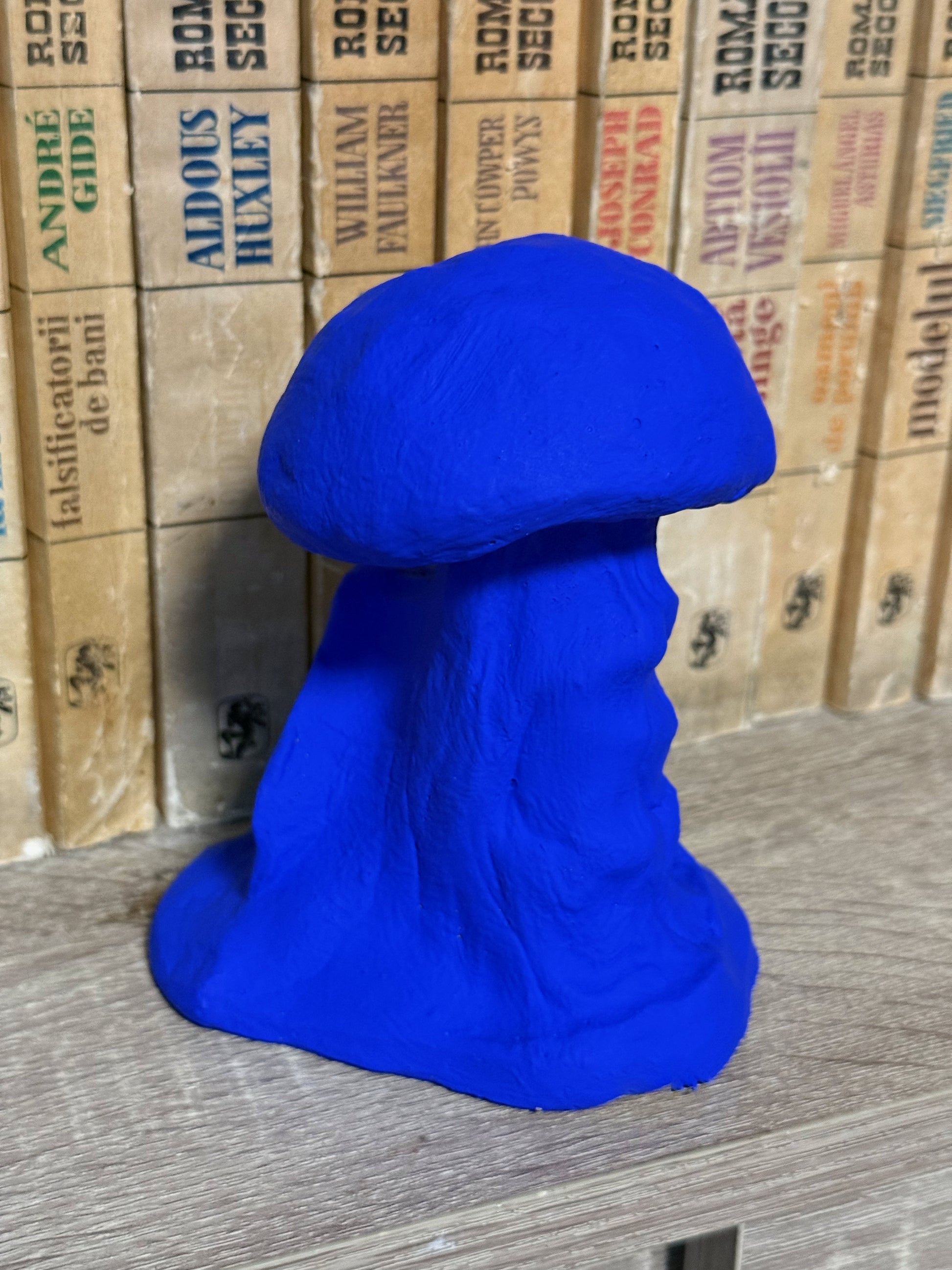 Blue mushroom-shaped object on a wooden surface with stacked boxes in the background